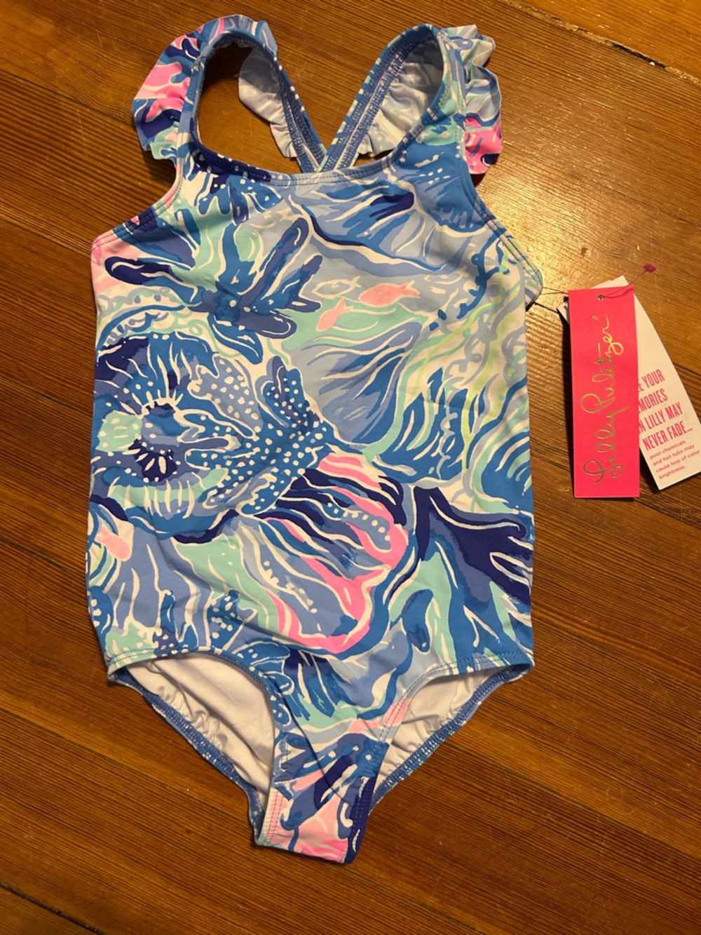 Lilly Pulitzer Girls' Blue Mint Floral Swimsuit with Pink Accents